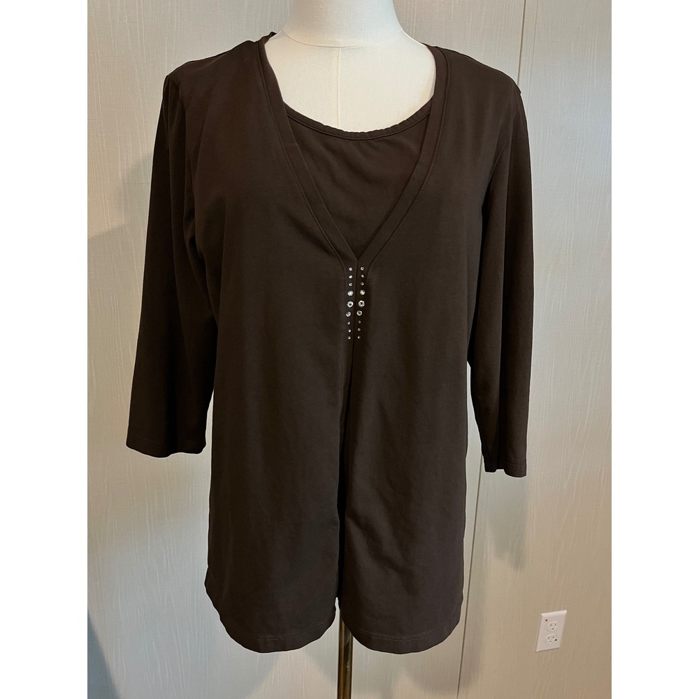 Christopher & Banks Dark Brown Rhinestone Layered Look Top, Lg